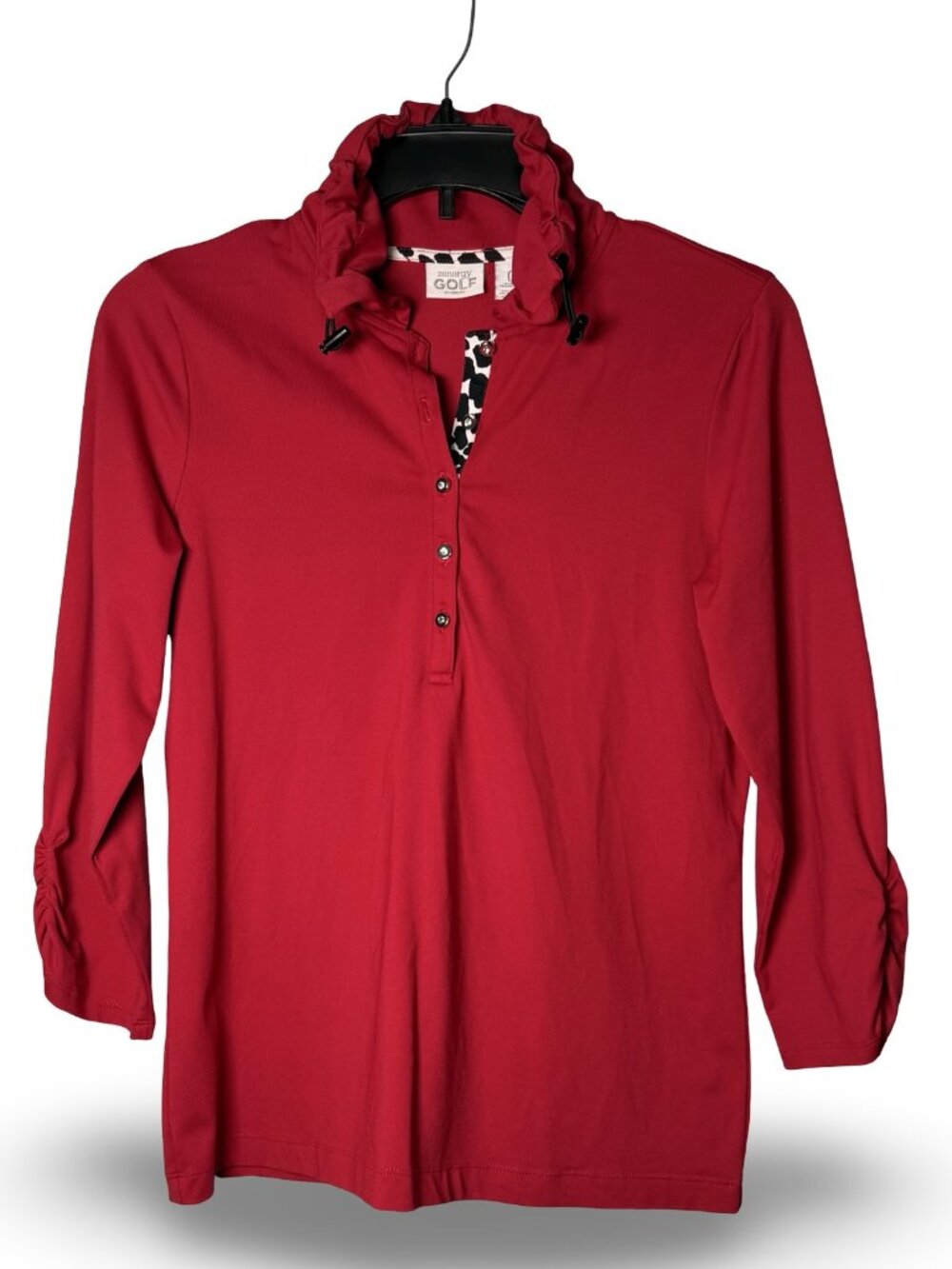 Chico's Zenergy Golf Polo Top Sz 0 Small Red Mock Ruched 3/4 Sleeve Animal Trim